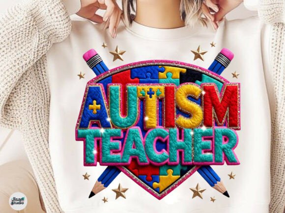 Autism Teacher Faux Yarn Embroidery PNG